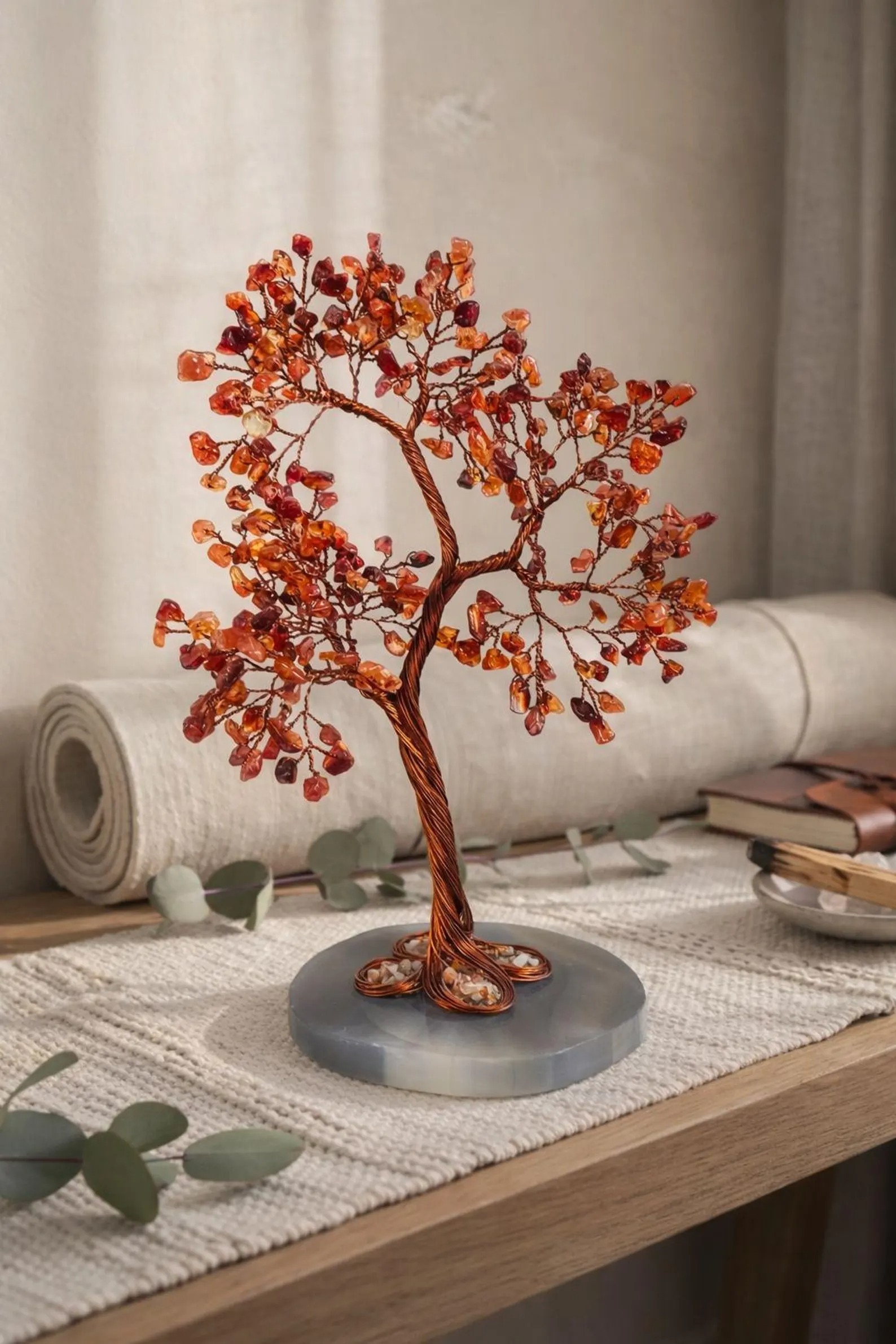 Carnelian Crystal Tree of Life, Copper Bonsai Sculpture, Agate Base thumbnail 4