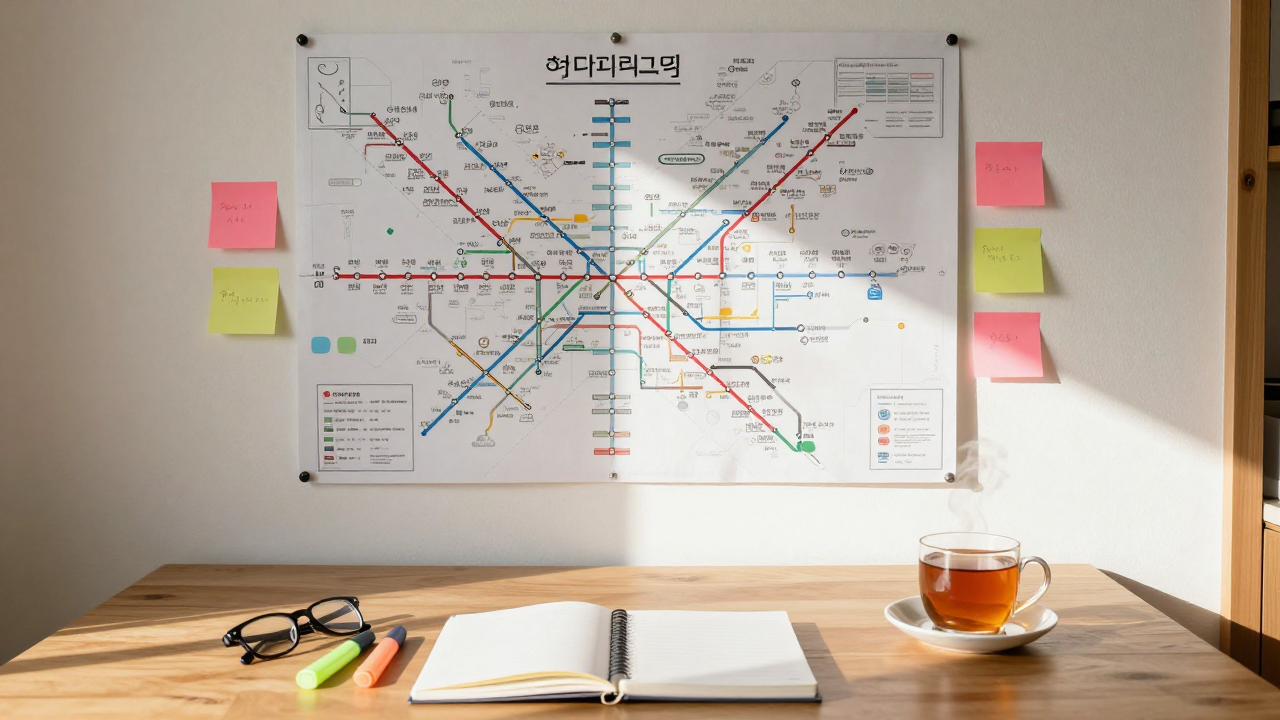햇살 가득한 거실 벽에 붙은 대형 지하철 노선도를 형광펜과 포스트잇으로 분석 중인 책상 위로 따뜻한 차 한 잔의 오후