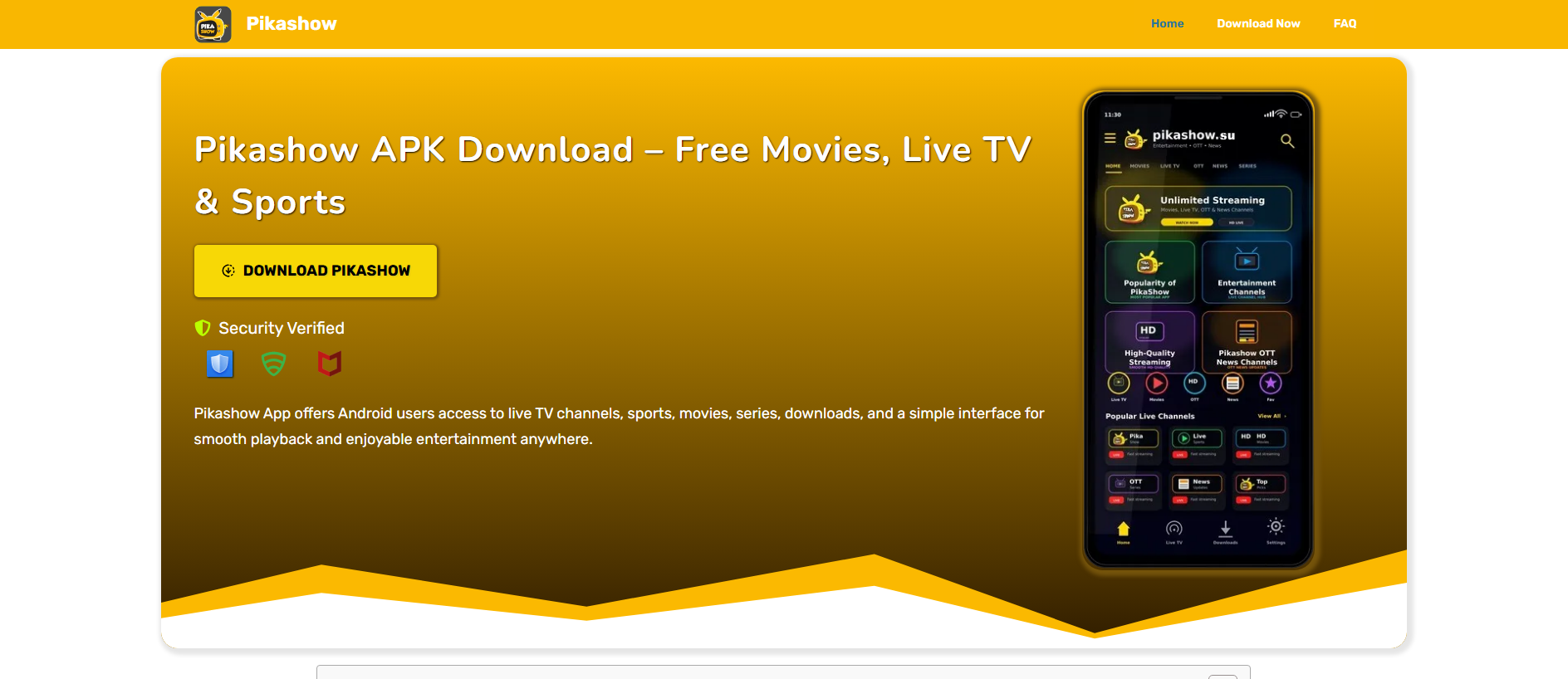 Forensic screenshot of pikashow.or.at showing the phishing page layout