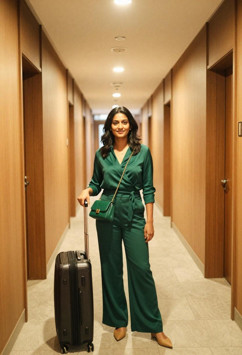 Woman in emerald green wrap blouse with chain-strap crossbody bag in a hotel corridor