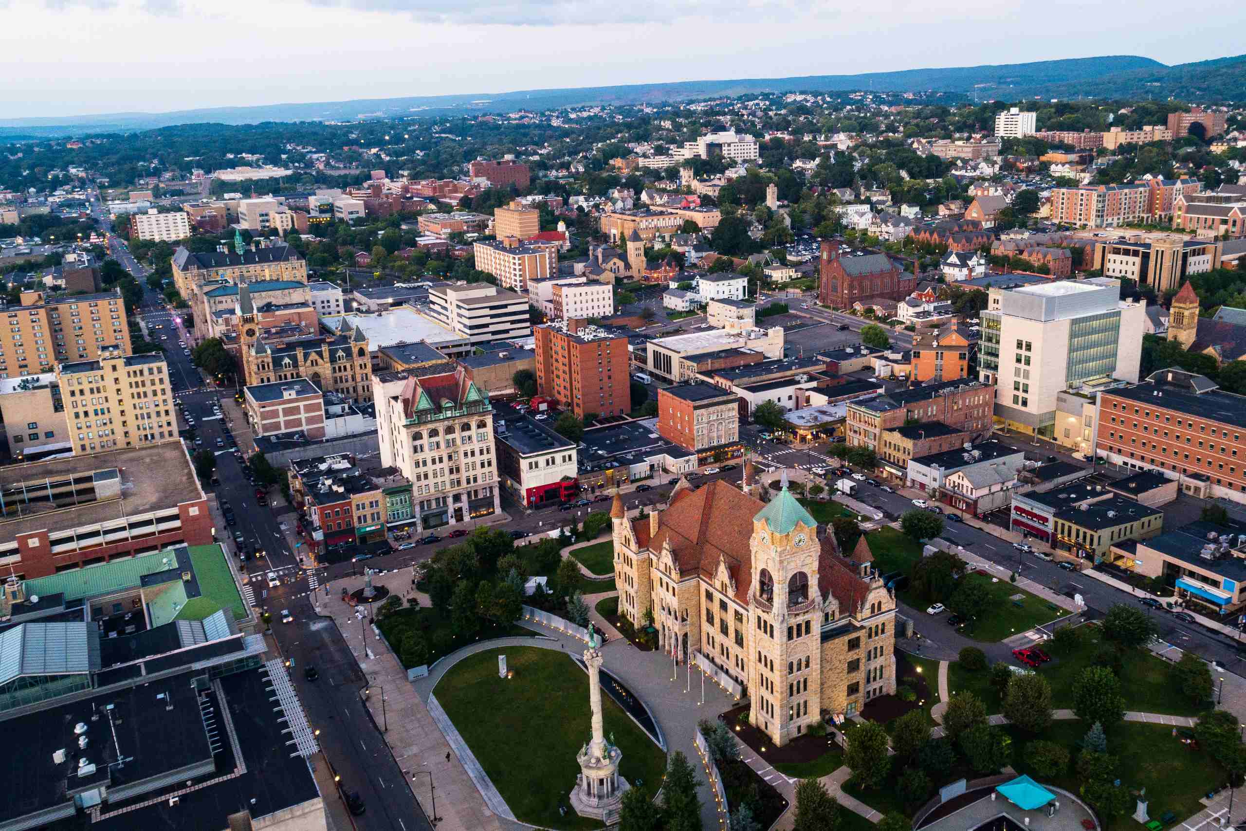 An image showing an aerial view of the city hall and downtown district of Scranton.