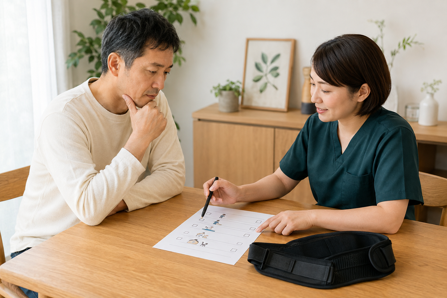 腰部装具を使う場面と運動の進め方を相談する場面
