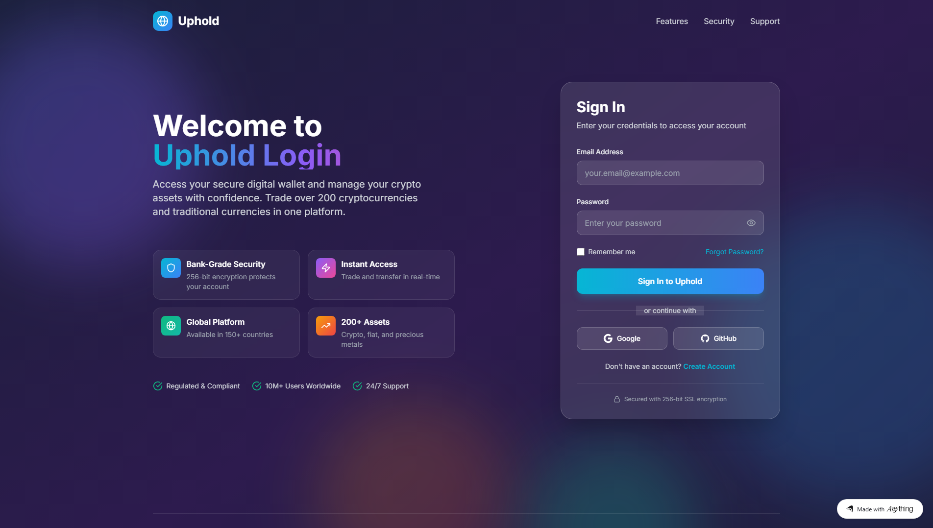 Forensic screenshot of uphold-logi-org.created.app showing the phishing page layout