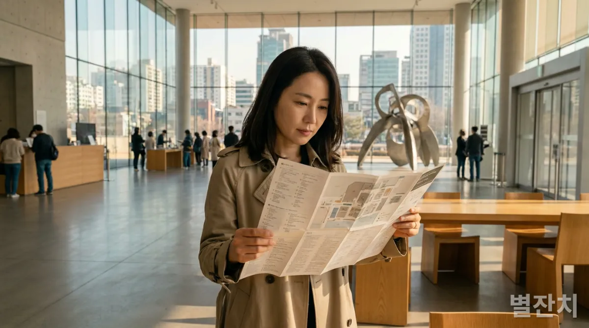 30대 한국인 여성이 미술관 안내도를 보며 관람 동선을 계획하는 모습, 밝고 모던한 미술관 로비 배경