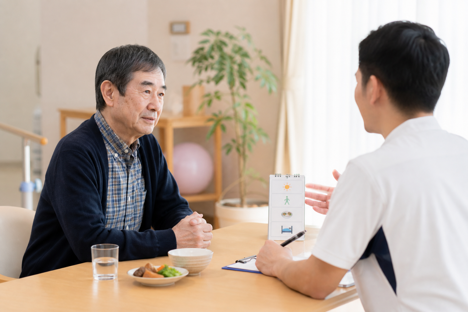 パーキンソン病の便秘と生活習慣について専門職へ相談する場面