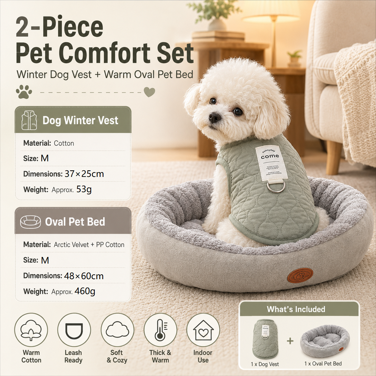 Winter Pet Care Bundle - M Size 37*25cm Green Quilted Dog Vest with Leash Ring and M Size 48*60cm Grey Oval Arctic Fleece Bed - Warm Cotton Outerwear, Plush Sleep Nest for Small Dogs and Cats