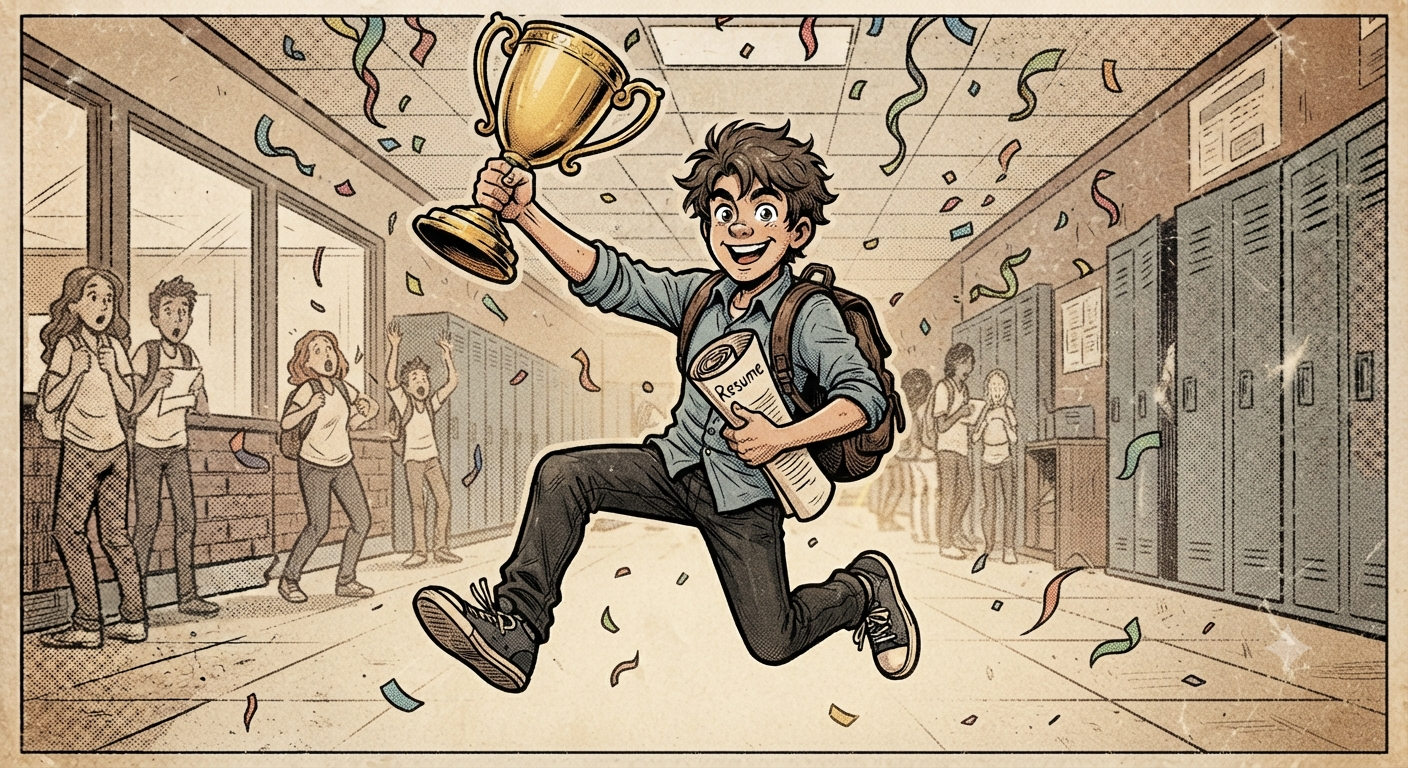 A college graduate hoists a trophy while holding a resume, confetti falling