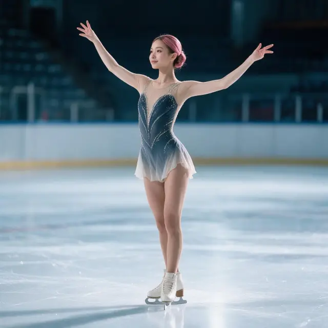 A girl with hair in a neat bun, elegant ice dancer, full body shot, full body image, standing on a clear ice surface in a cold arena with subtle stadium background, extended arms in a graceful ice dancing pose, full body shot