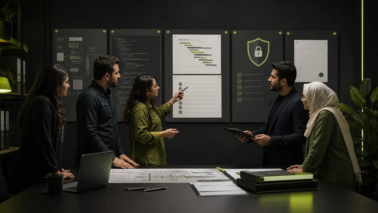 Business team comparing software houses in Pakistan with a project evaluation checklist