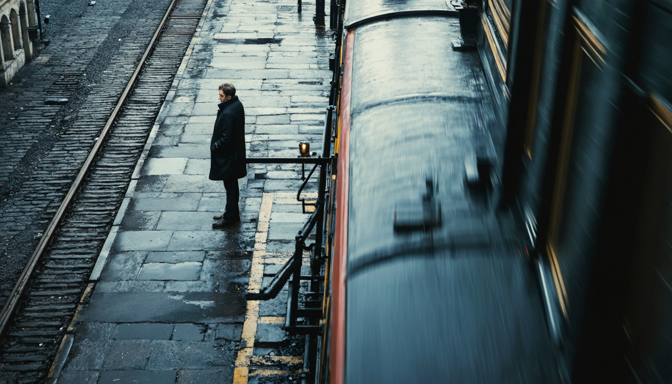 A lone figure standing at the edge of a train platform, one foot on the platform and one hovering near a departing train, seen from a high angle.