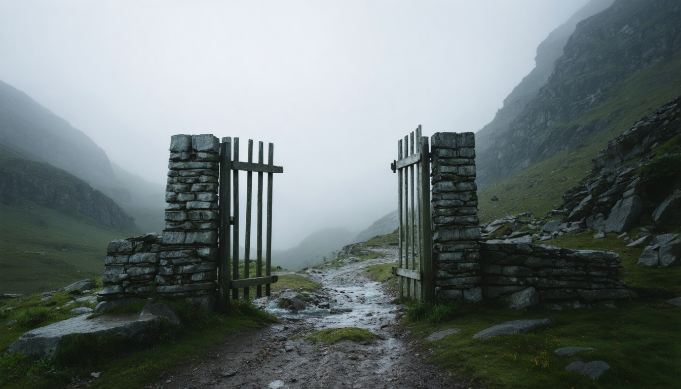 A narrow mountain pass with a simple wooden gate standing open, morning fog flowing through it like water, no one present.