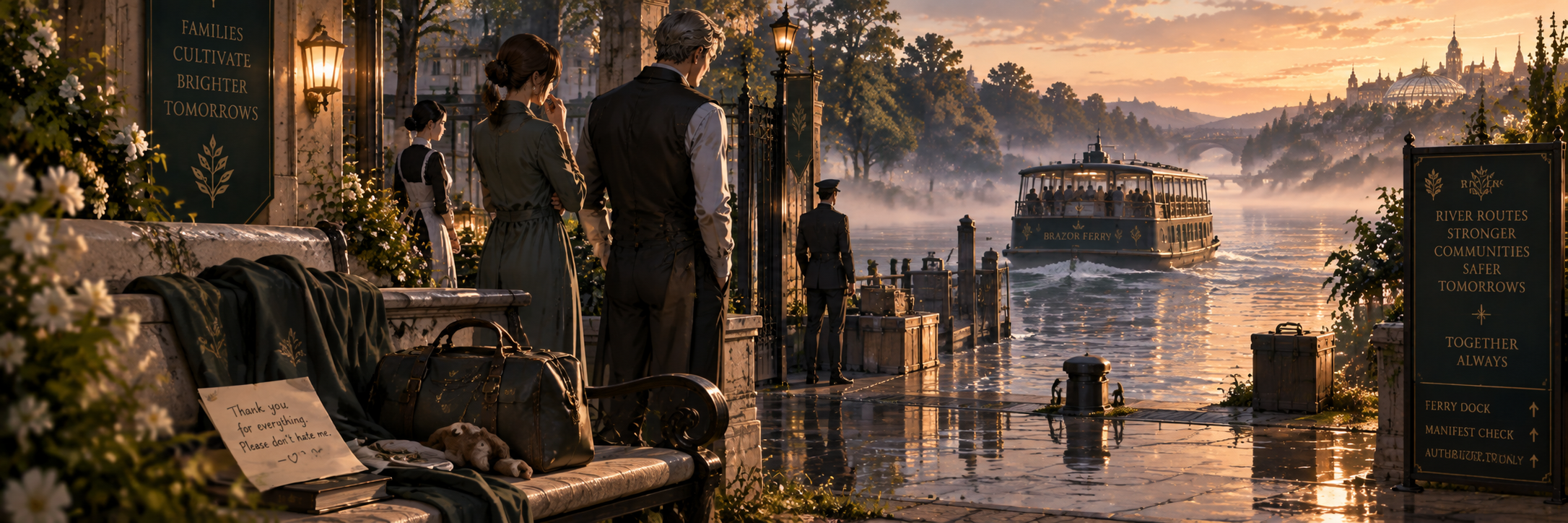 A quiet Brazorian estate ferry landing at dawn after a household companion has disappeared