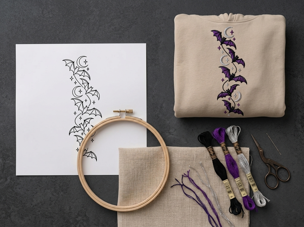 Moonlit Bat Sleeve materials arrangement