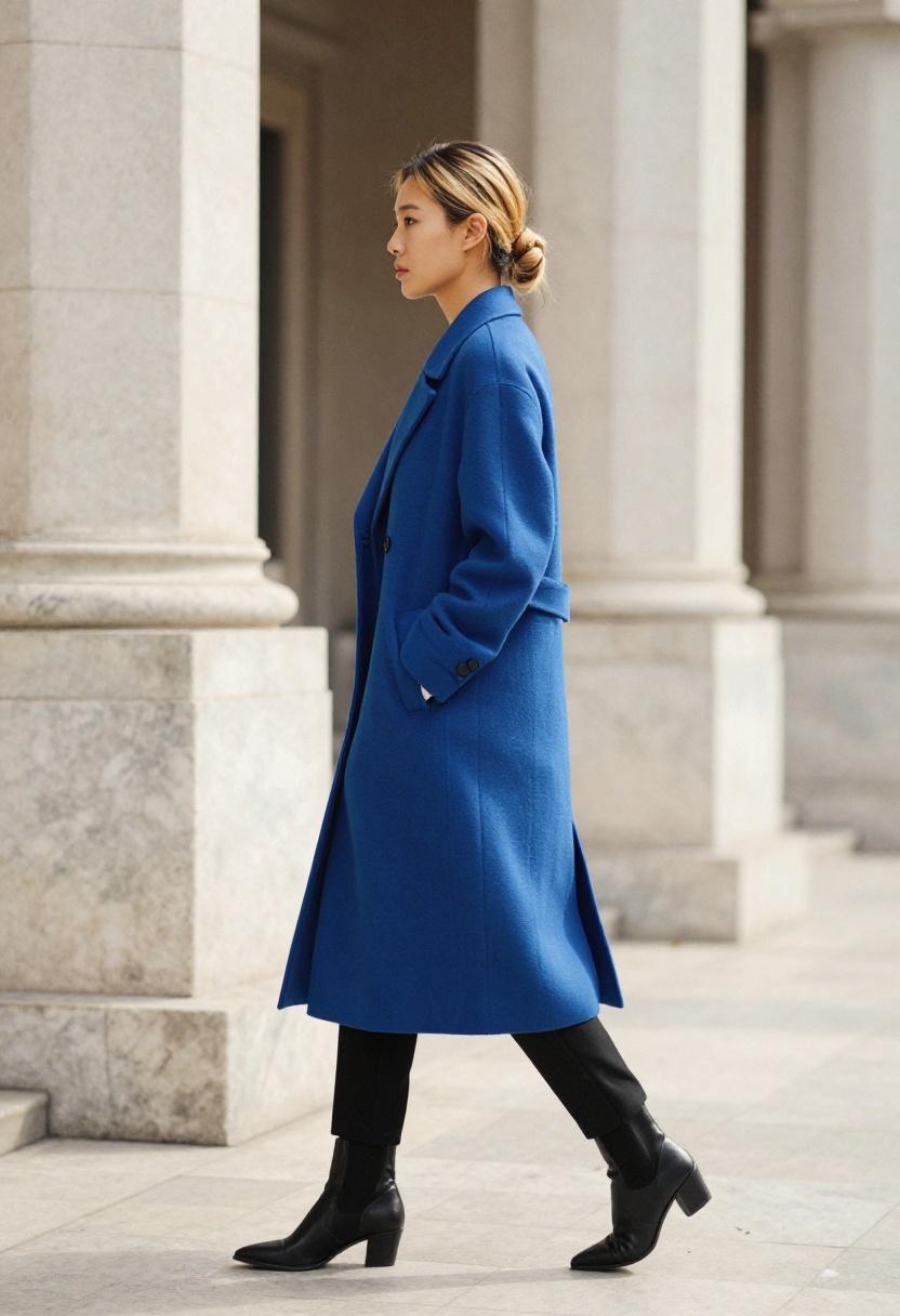 Cobalt blue longline coat over slim black trousers and ankle boots on marble architecture