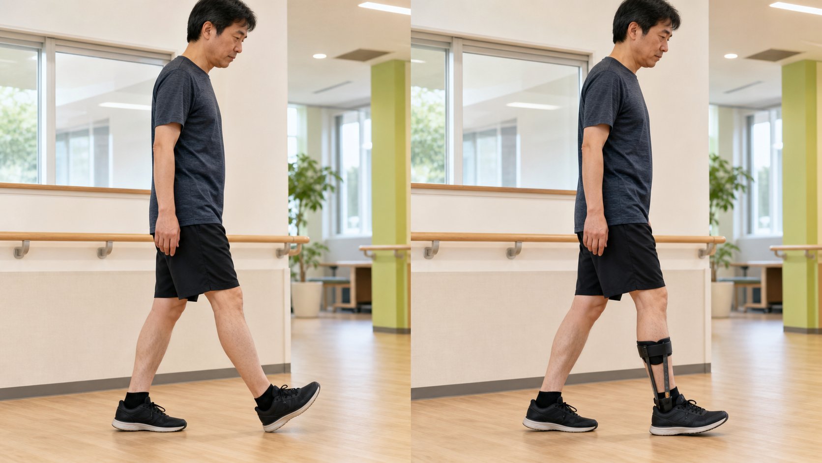 CMTで足先が上がりにくい歩行と短下肢装具を用いた歩行の比較場面