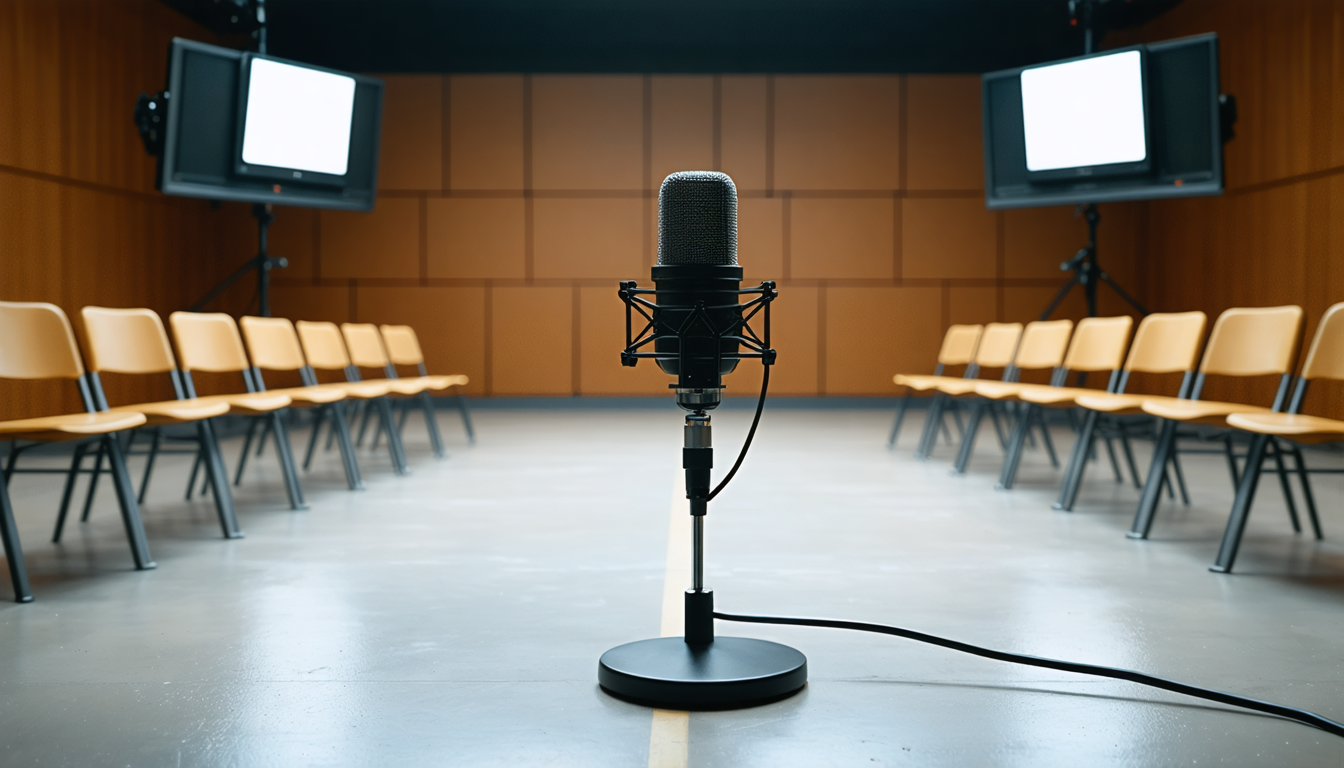 A lone microphone stand in the center of a brightly lit television studio set, facing rows of empty chairs on both sides.