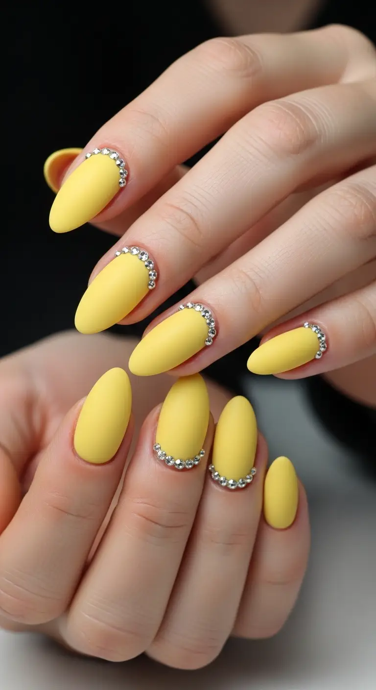 Butter Yellow with Rhinestone Cuticle Almond Nails