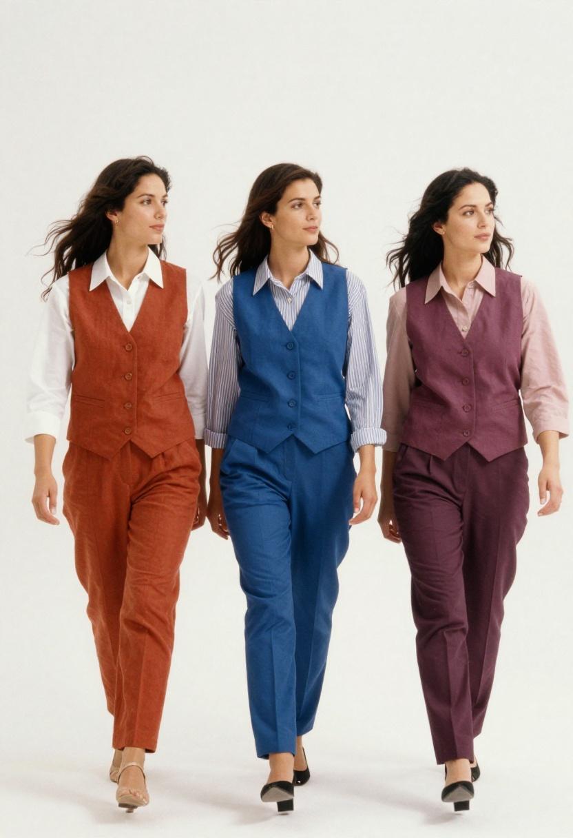 Three bold vest-and-shirt combinations styled together in an editorial studio group shot