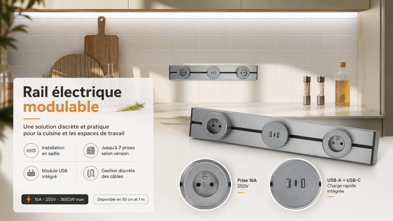 Rail électrique Orium conçu pour durer avec pictogrammes de résistance et d'entretien