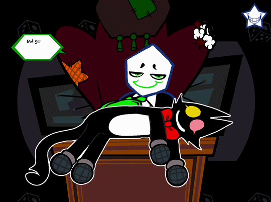 The green Pippins sitting in the Mike Room with a smug expression on their face. They're stroking Pluey, who is lying across a desk.