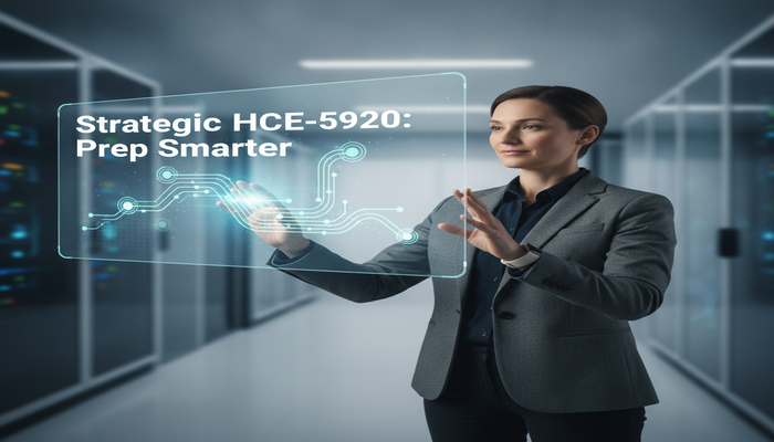 Strategic HCE-5920: Prep Smarter A professional adult calmly interacting with a holographic display showing a strategic study plan for the HCE-5920 Hitachi Pentaho integration exam, symbolizing smart and efficient preparation.