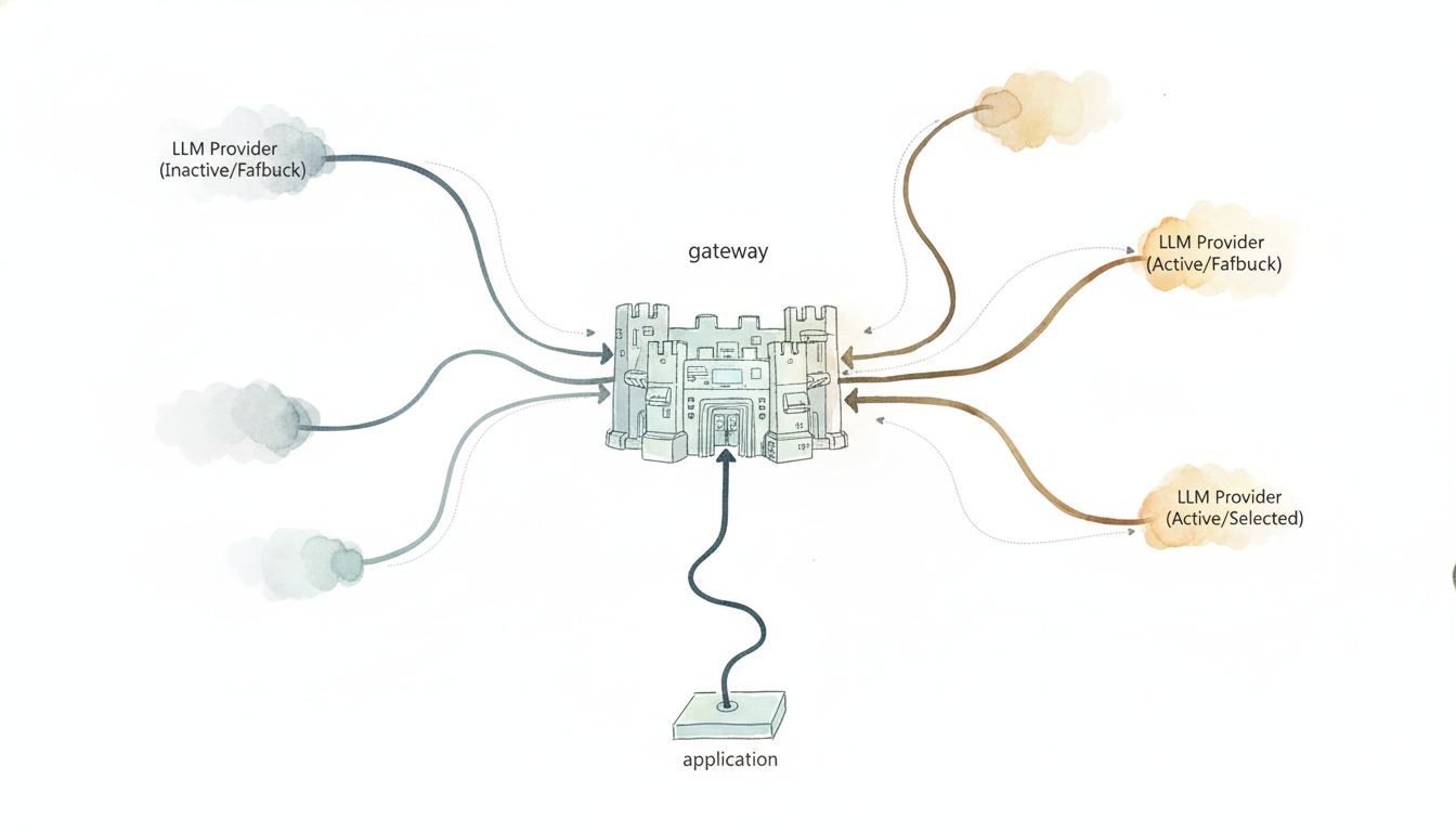 A stylized diagram showing an application at the bottom, connected to a central, robust gateway. From the gateway, multi