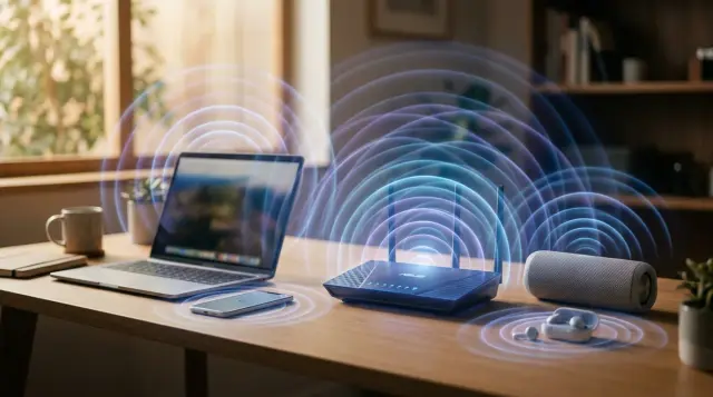 Multiple electronic devices on desk with visualized electromagnetic waves radiating and overlapping, contemplative mood