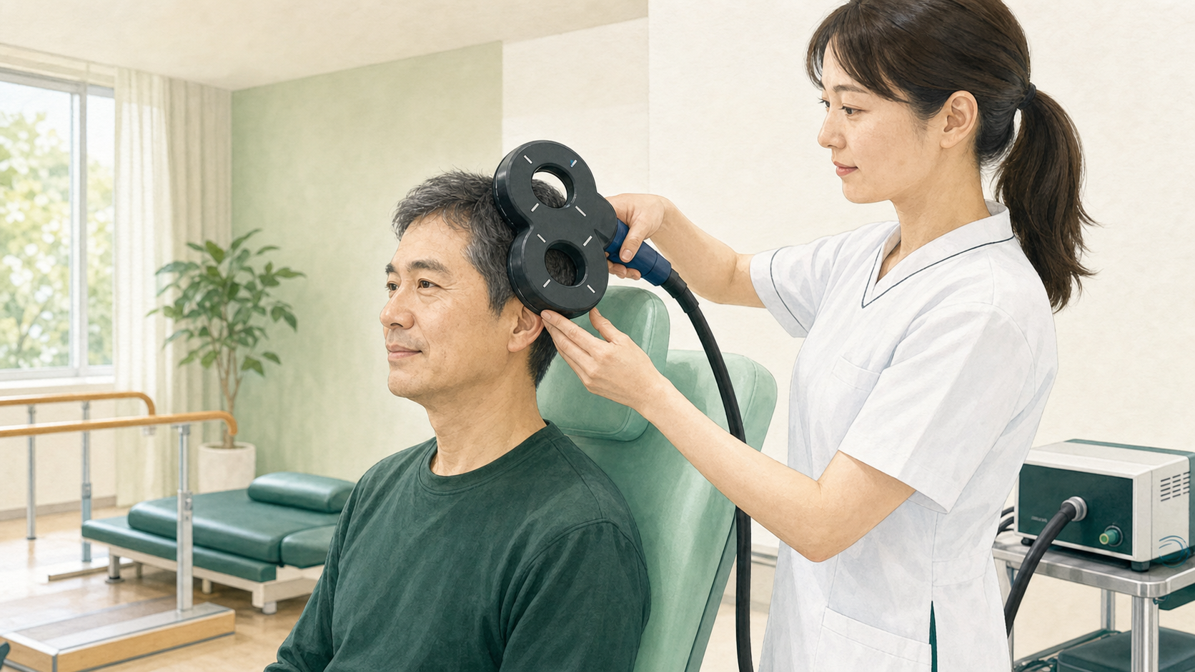 医療機関でrTMSのコイルを頭部にあてている様子のイメージ