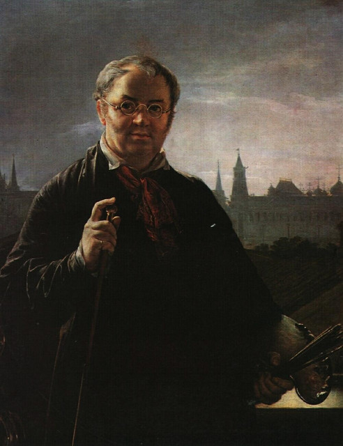 Автопортрет с кистями и палитрой на фоне окна с видом на Кремль 1844