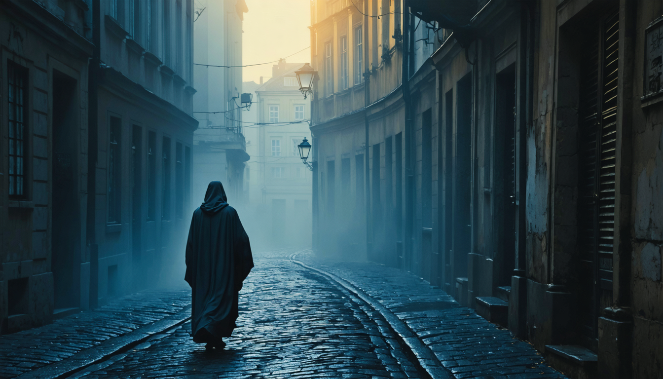 A lone figure walking away down an empty European cobblestone street at dusk, long shadow stretching behind, mist softening the far end of the lane.