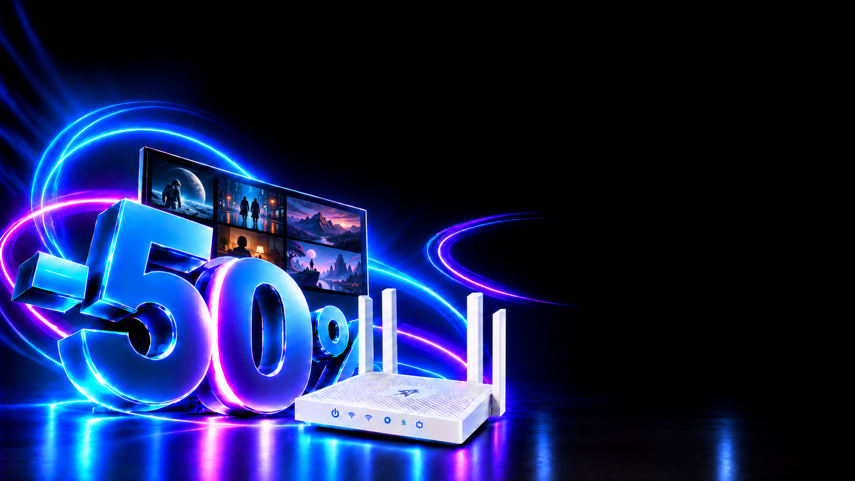 Неоновые −50%, телевизор с вымышленными кинокадрами и белый Wi-Fi роутер