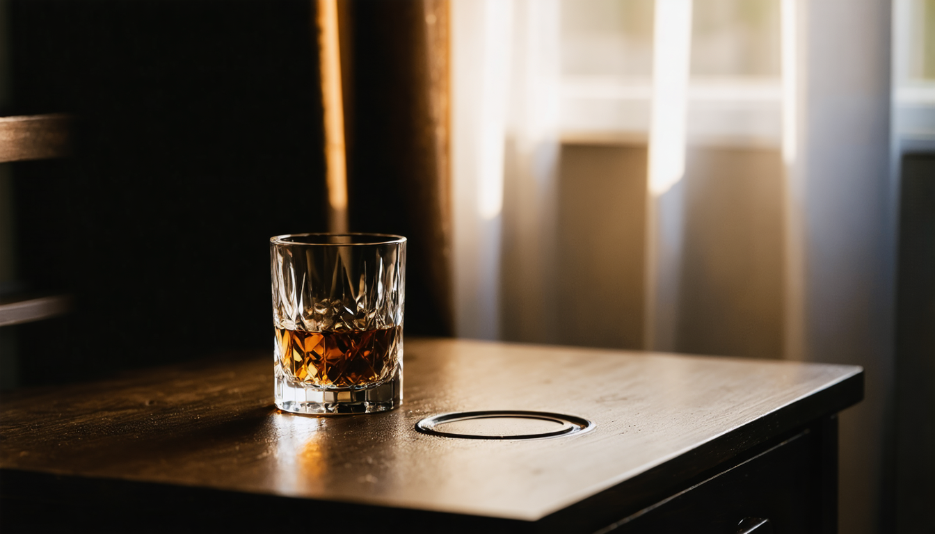 An empty whiskey glass on a wooden nightstand with a faint ring stain visible on the surface, early morning light from a window.