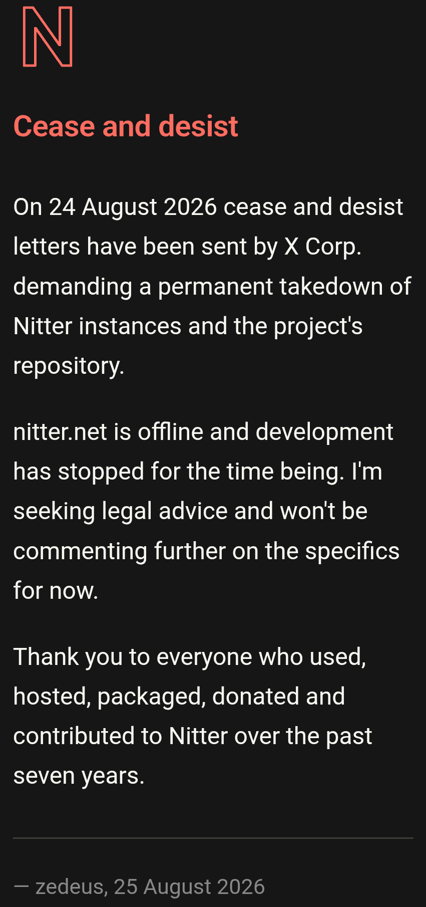 Nitter(X/Twitter frontend) project received cease and desist