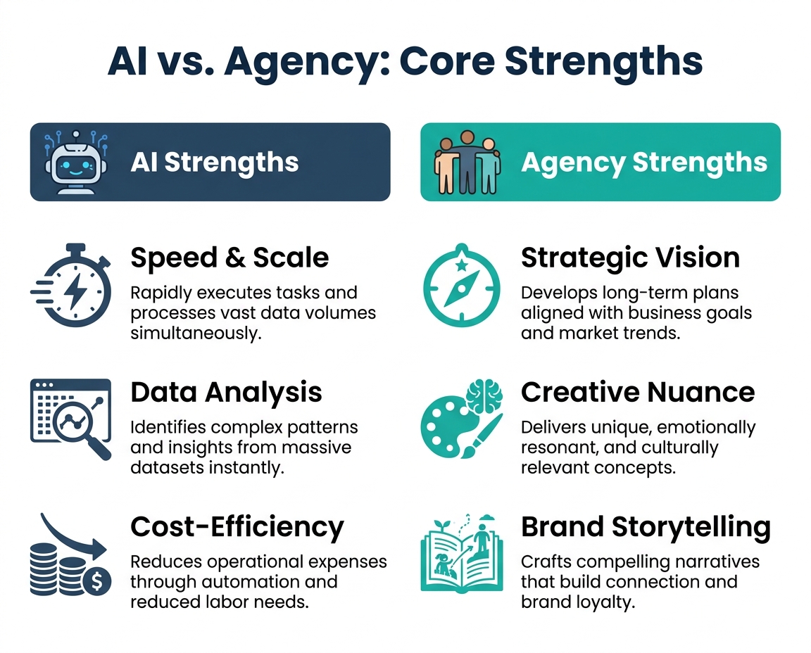 Two-column comparison showing AI strengths (speed and scale in bidding, data analysis for targeting, cost-efficiency through automation) versus human strengths (strategic vision for budget allocation, creative nuance for brand ads, storytelling for emotional resonance) in paid advertising.