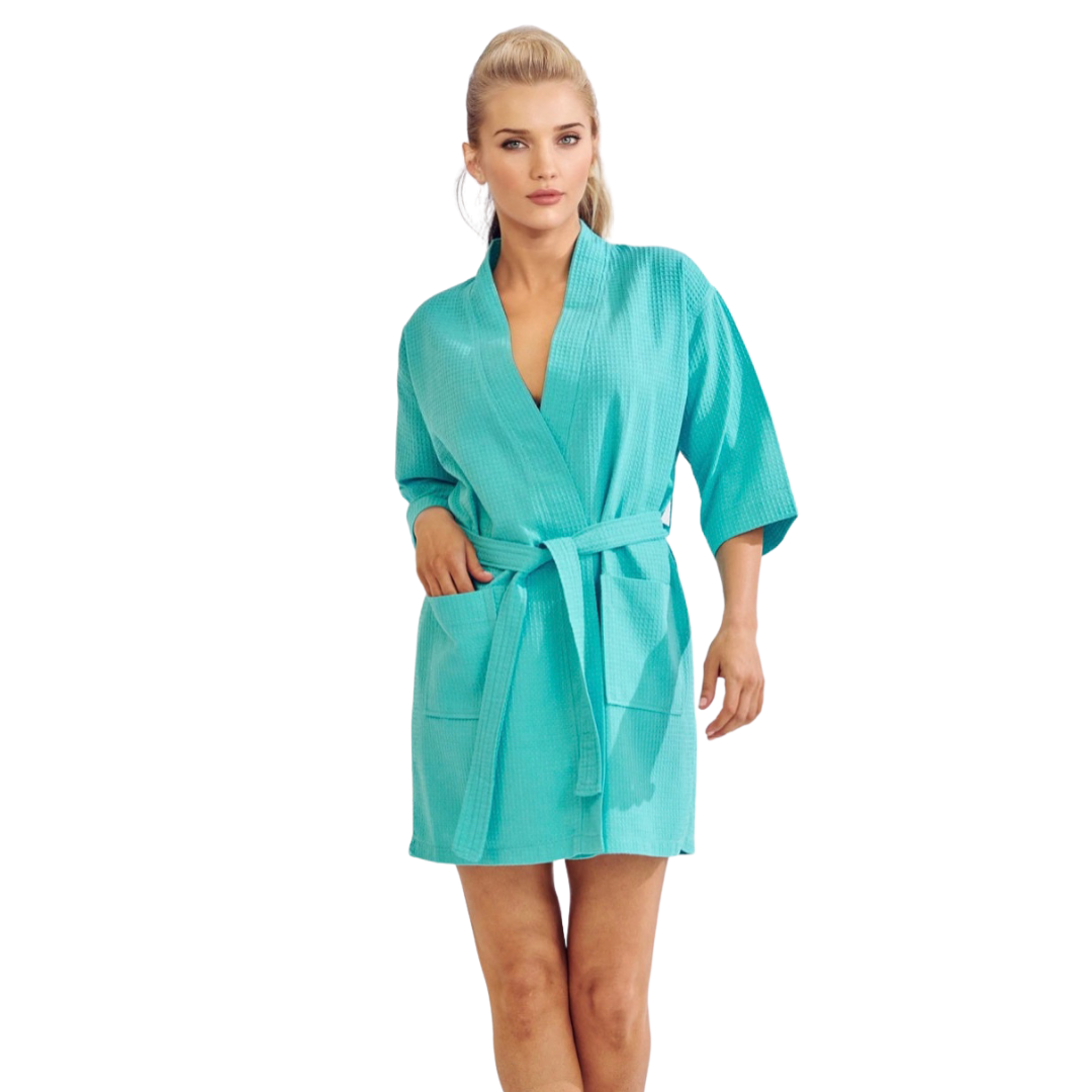 Women's Short Cotton Blend Waffle Kimono Turquoise Bathrobe (Small/ Medium)