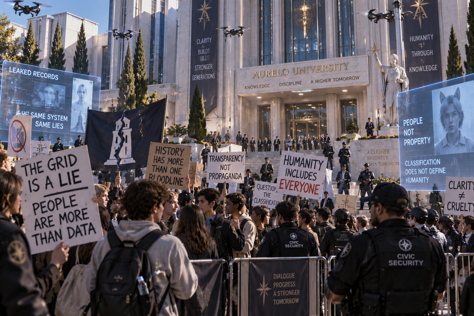 San Aurelan university students protesting the Purity Grid beneath surveillance drones and civic security.