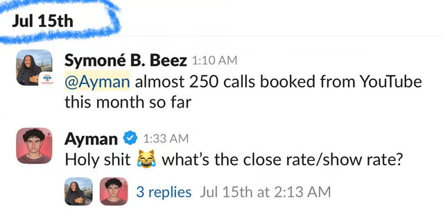 Symone Beez — 250 calls booked from YouTube this month