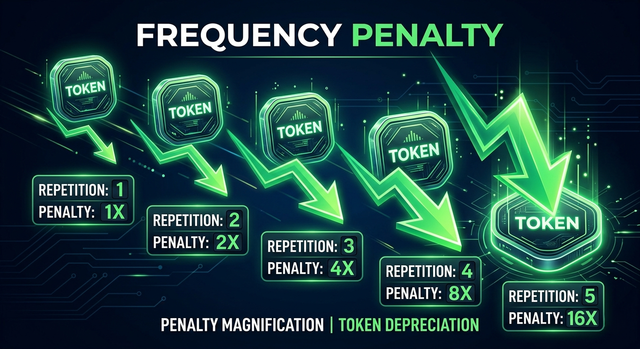 Frequency penalty diagram showing token probability reduction based on repetition count in LLM output