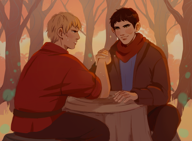 Arthur and Merlin armwrestling fanart by agust3d