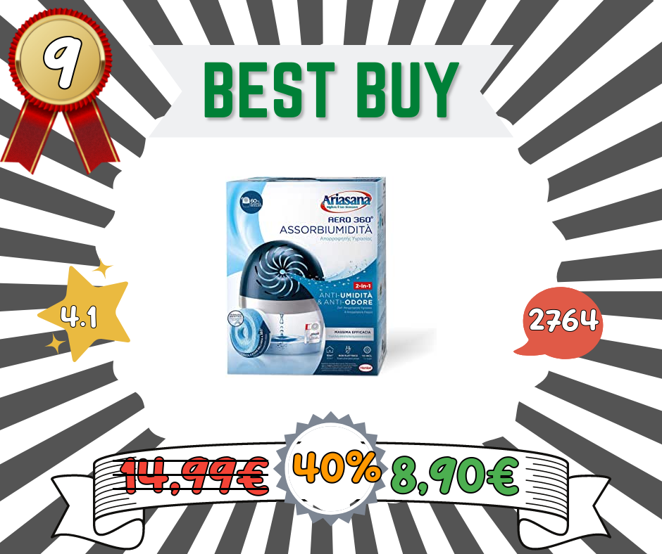 Ariasana Aero 360° kit Assorbiumidità in Plastica Riciclata, Deumidificatore non Elettrico e Riciclabile, Assorbi Umidità contro Condensa e Muffa, 1 Dispositivo e 1 Ricarica TAB da 450 g