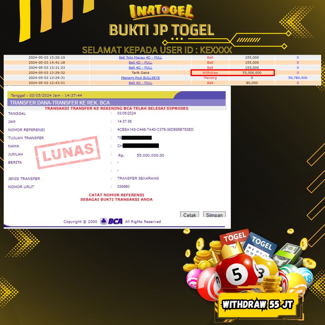 BUKTI PEMBAYARAN JP TOGEL BULLSEYE Rp55,000,000,- LUNAS