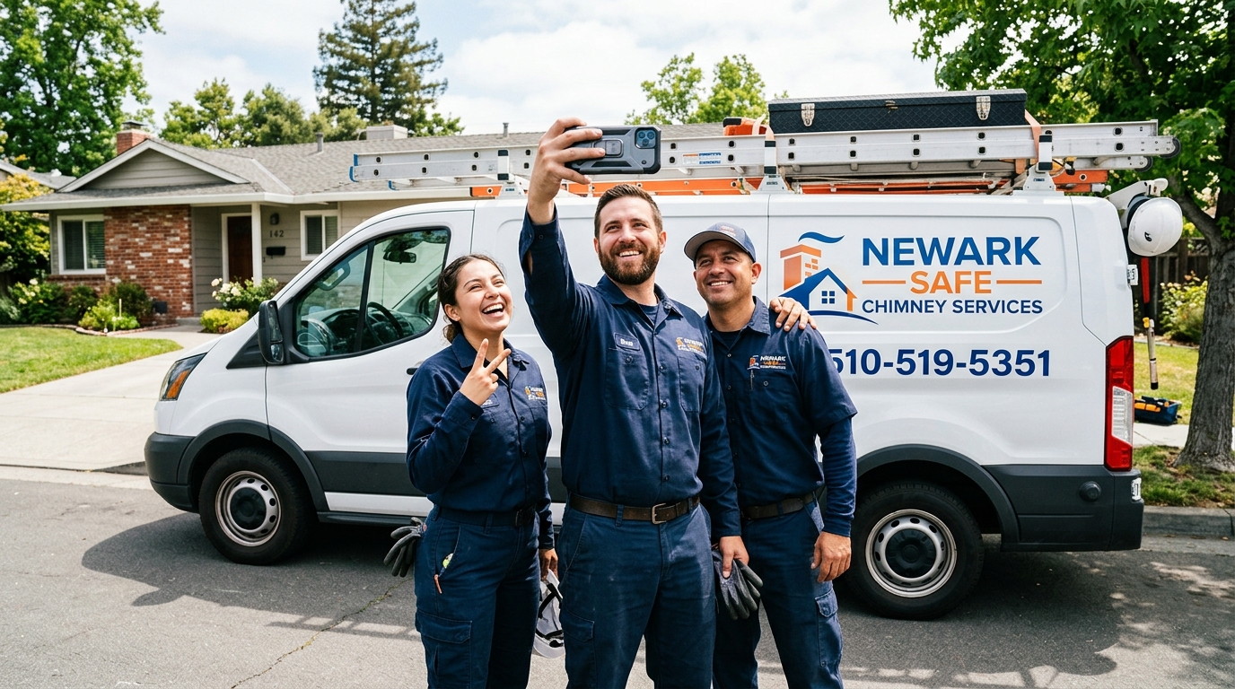 Chimney sweep technician working on a residential chimney in Newark, CA