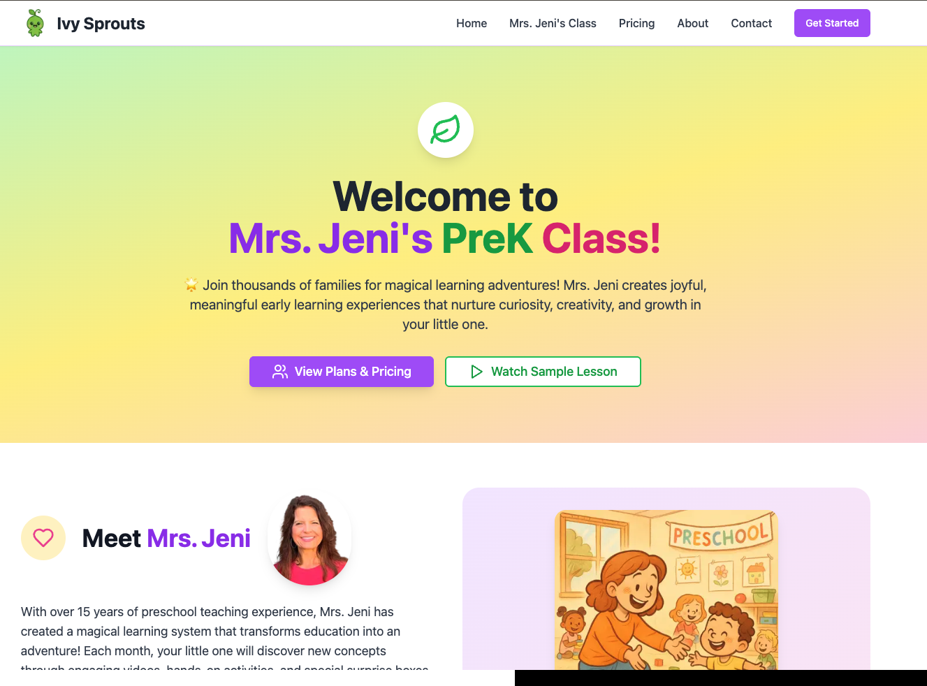 Ivy Sprouts landing page featuring smiling children and learning copy