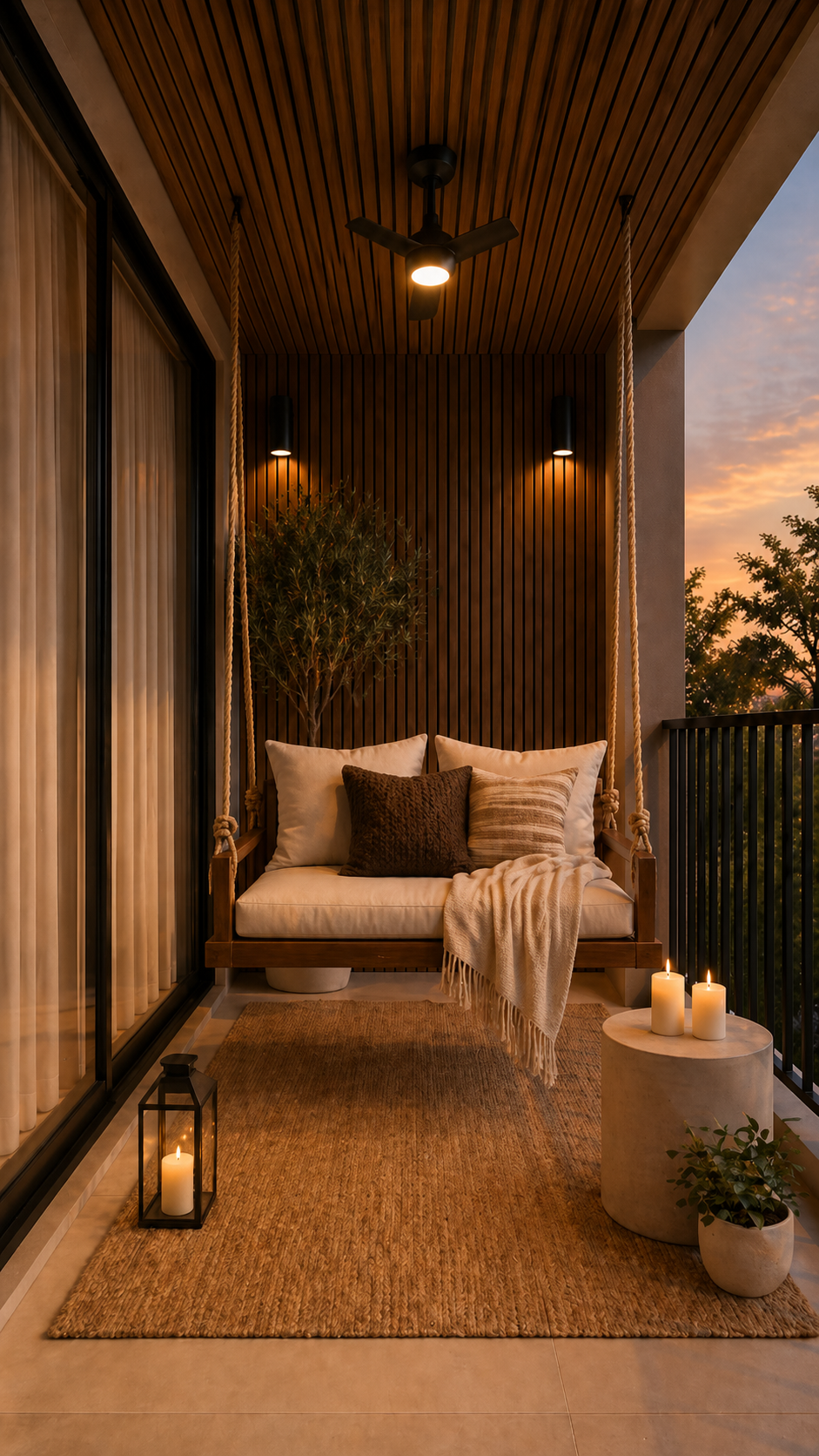 Balcón boho natural con columpio colgante, paneles de madera y ambiente de velas