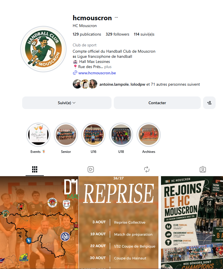Page Instagram du HC Mouscron