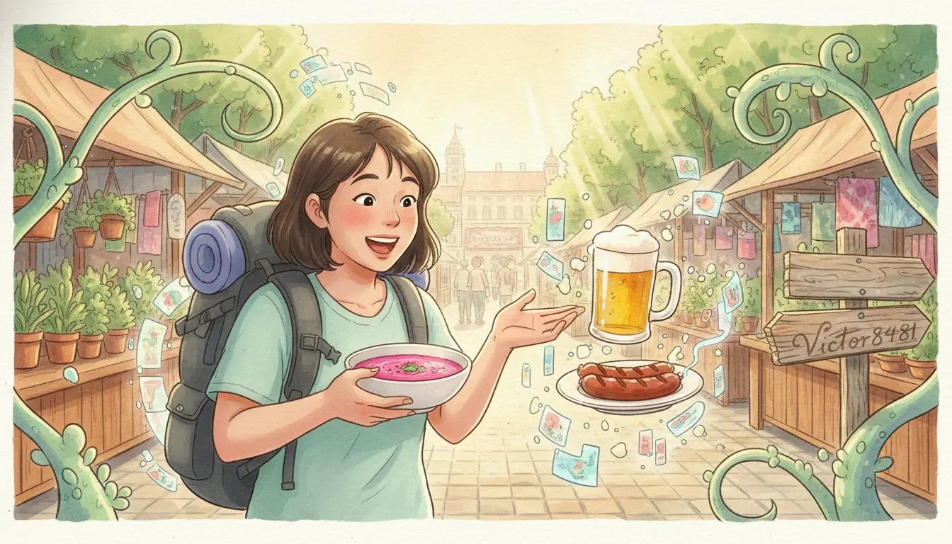 폴란드 여름 별미인 핫핑크 흐워드니크 냉국과 수제 맥주, 소시지 바베큐를 즐기는 배낭여행객 일러스트