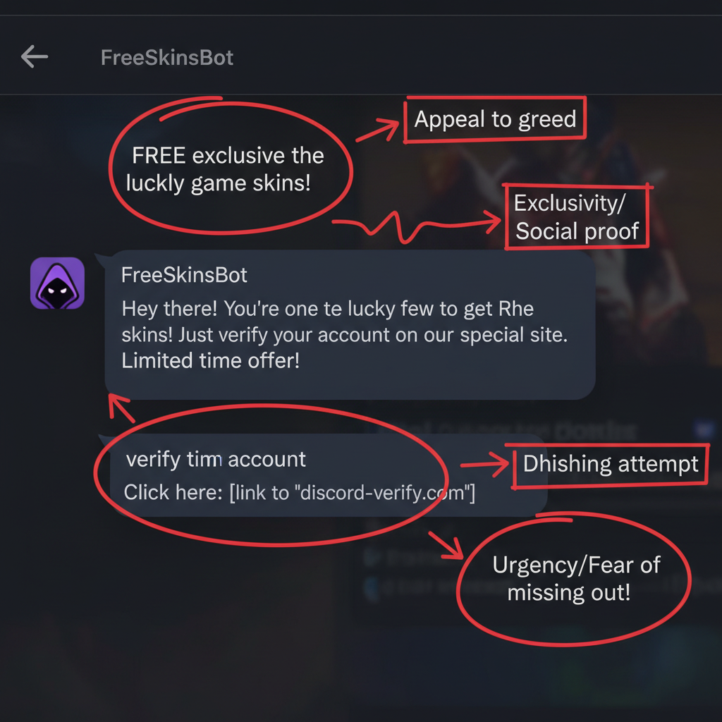 Иллюстрация окна чата Discord, где типичный 'мошенник' предлагает бесплатные скины, с красными пометками-комментариями эксперта, указывающими на манипулятивные фразы.