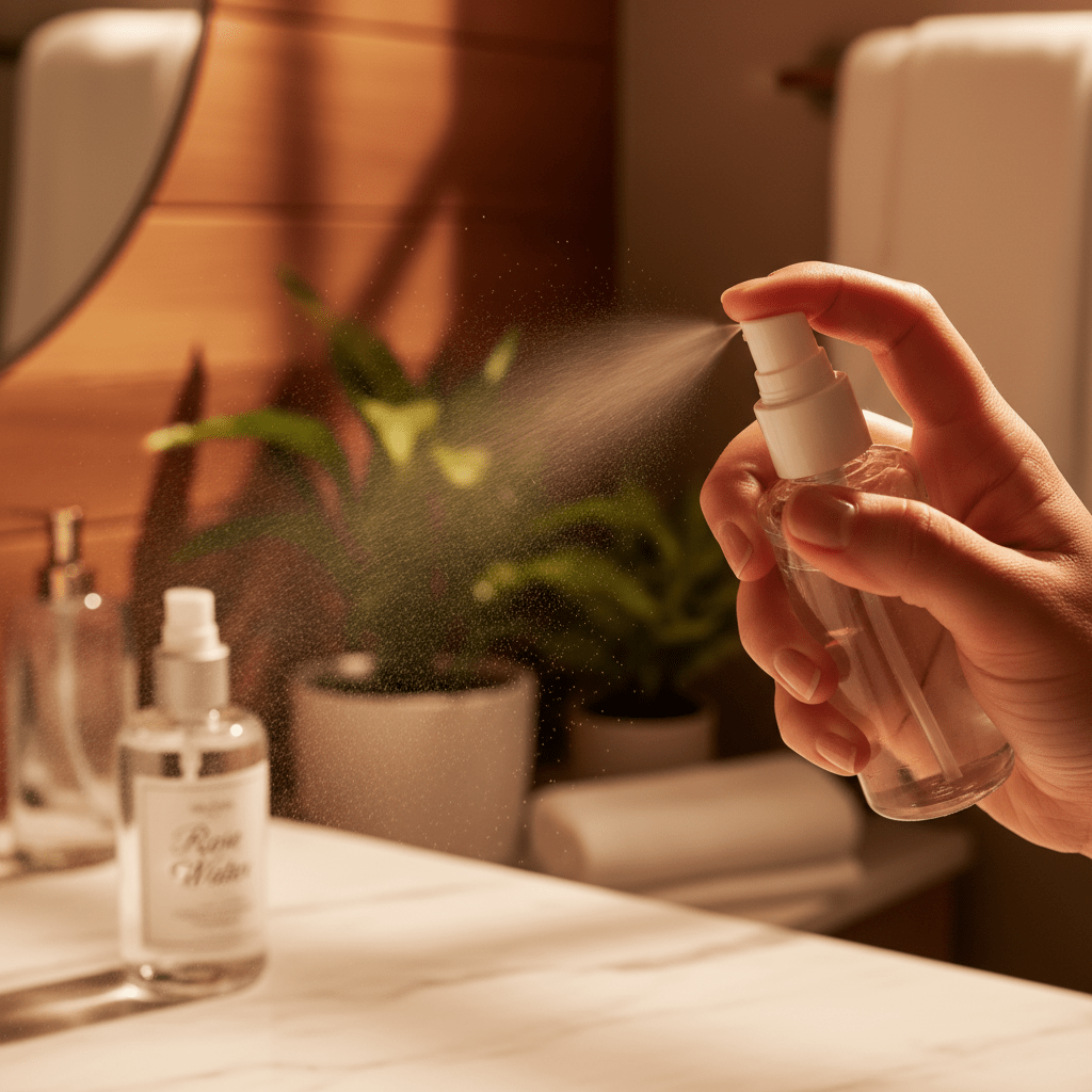 Close-up of a hand applying diluted glycerine mist to damp facial skin