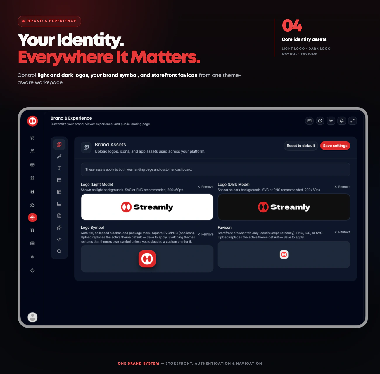 Streamly Brand and Experience workspace for light and dark logos, brand symbol, and storefront favicon