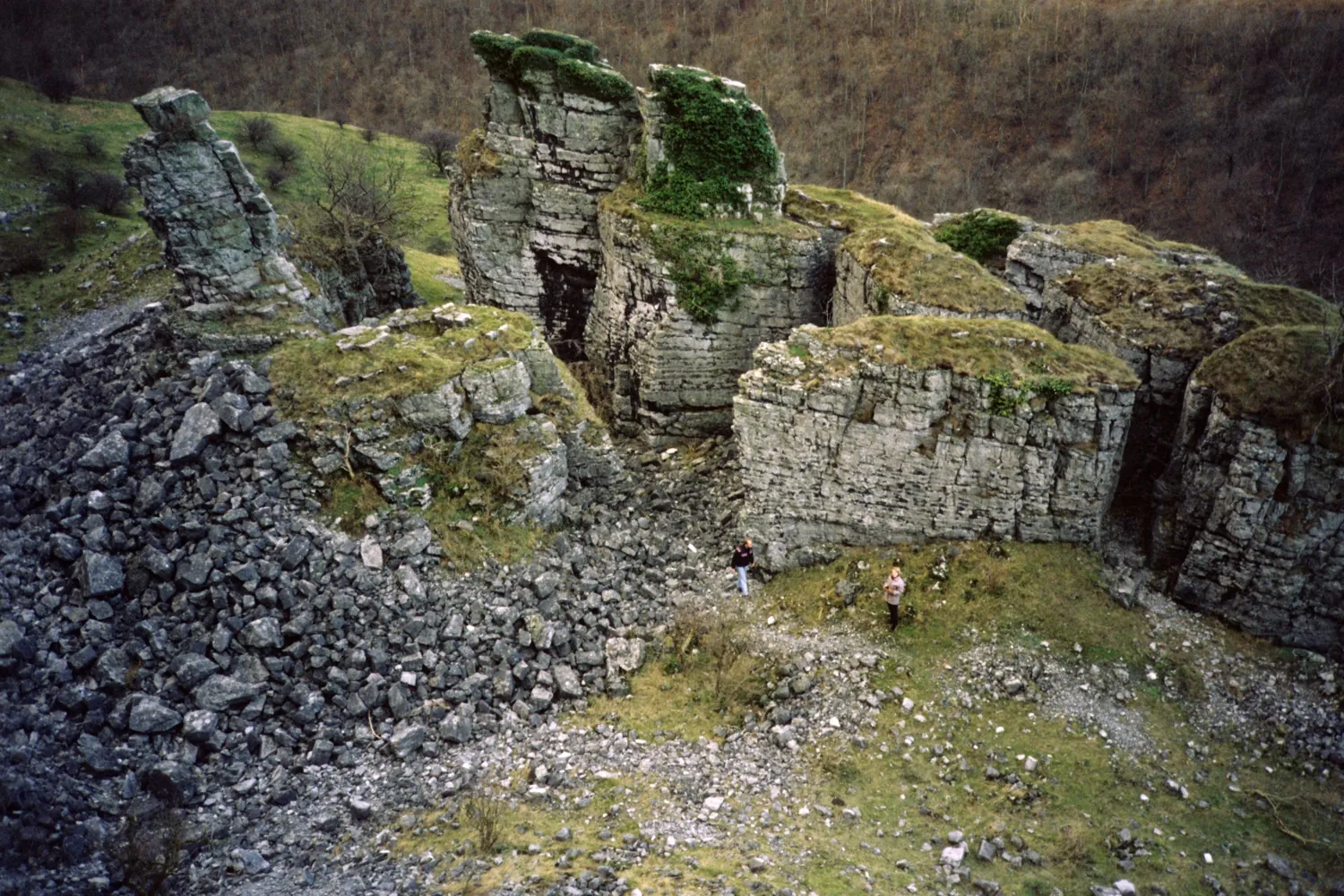 Hob’s House, Monsal Head, Derbyshire: a natural feature of fissured limestone that resembles the ruins of a castle.